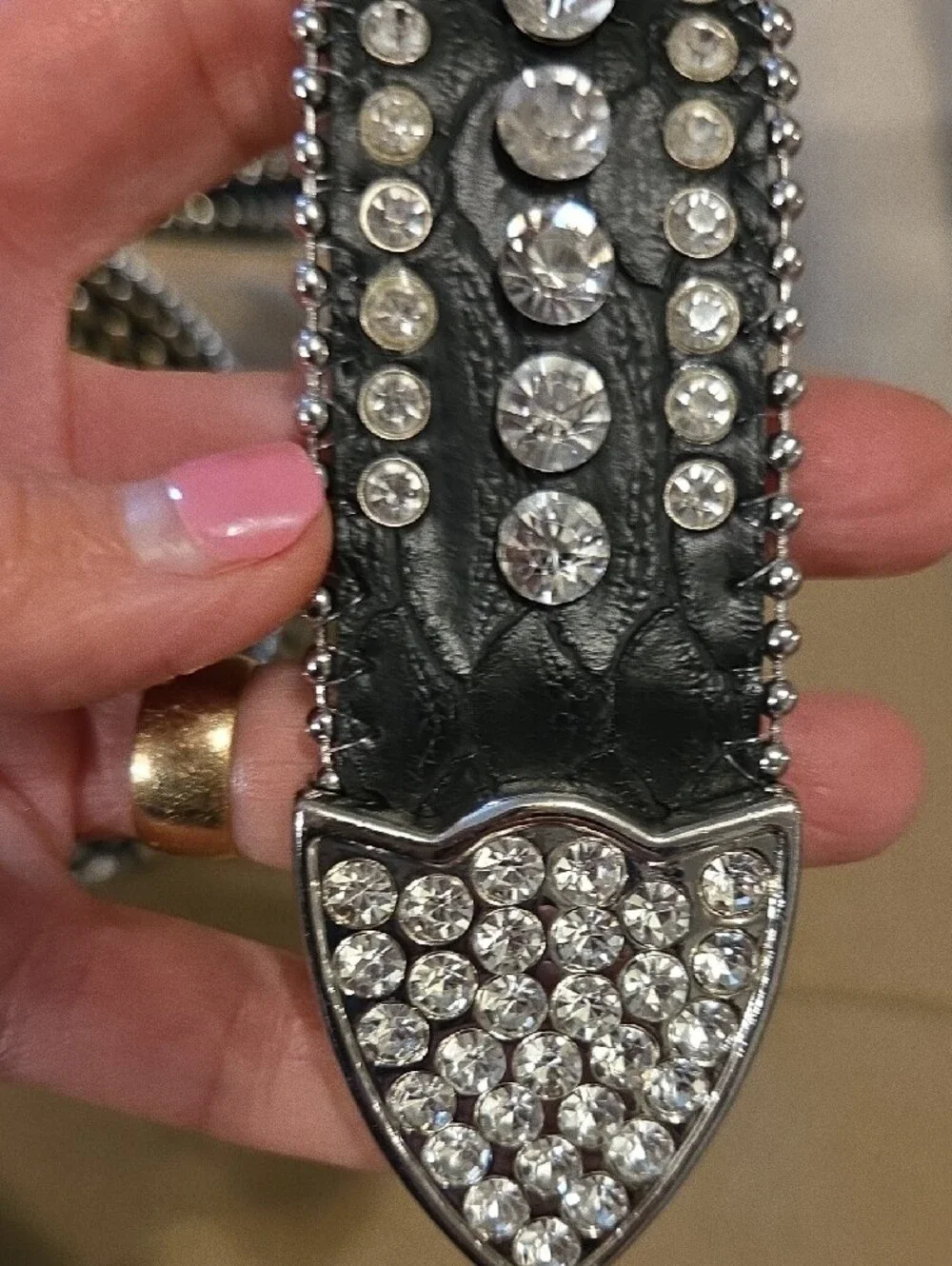 Black Leather Crystal Rhinestone Studded Women's Belt
